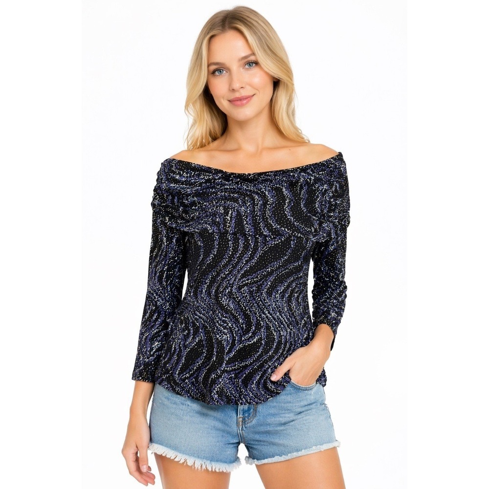 Vtg Off Shoulder Shimmer Top L Black Purple Metallic Wave Stretch Party USA Boho